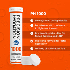 Tubo naranja de Precision Hydration listo para preparar bebida de electrolitos de sabor suave.