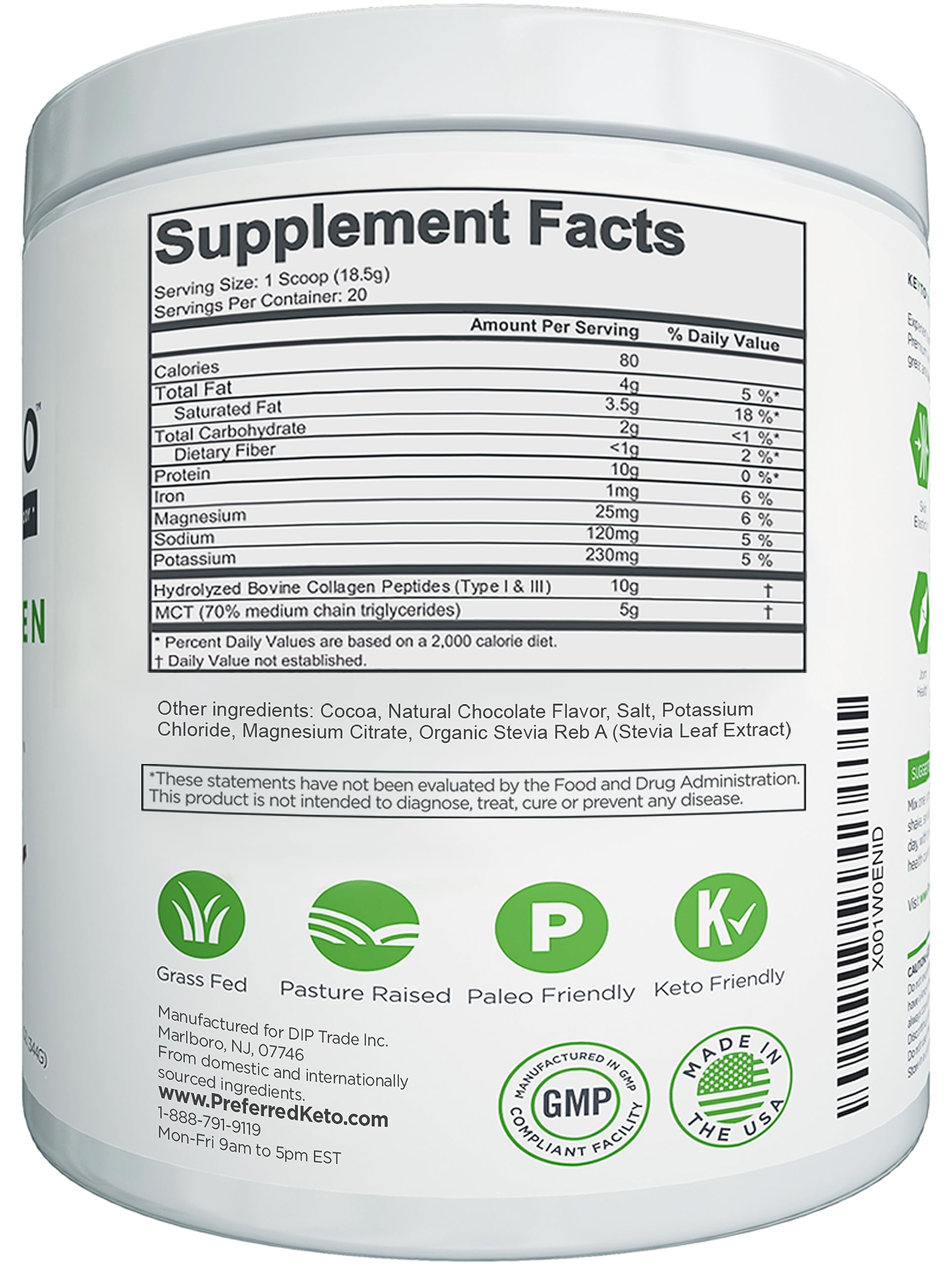 Front packaging of KEYTO Keto Collagen chocolate tub