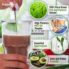 KEYTO Keto Collagen chocolate being poured into a glass for easy mixing