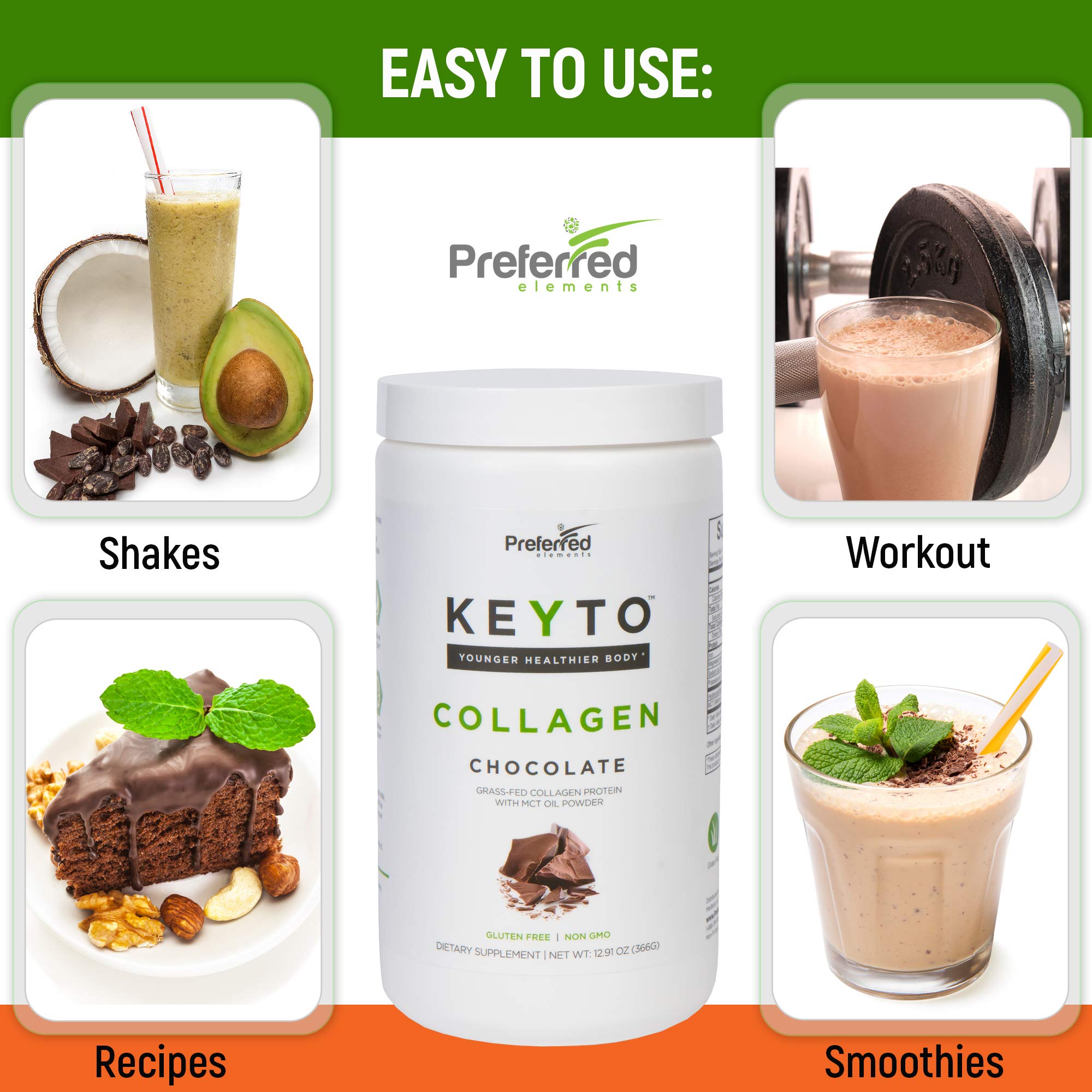 Tub of Preferred Elements KEYTO Keto Collagen chocolate beside a mug
