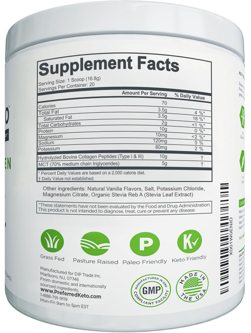 Nutrition label highlights grass-fed collagen and MCT content.