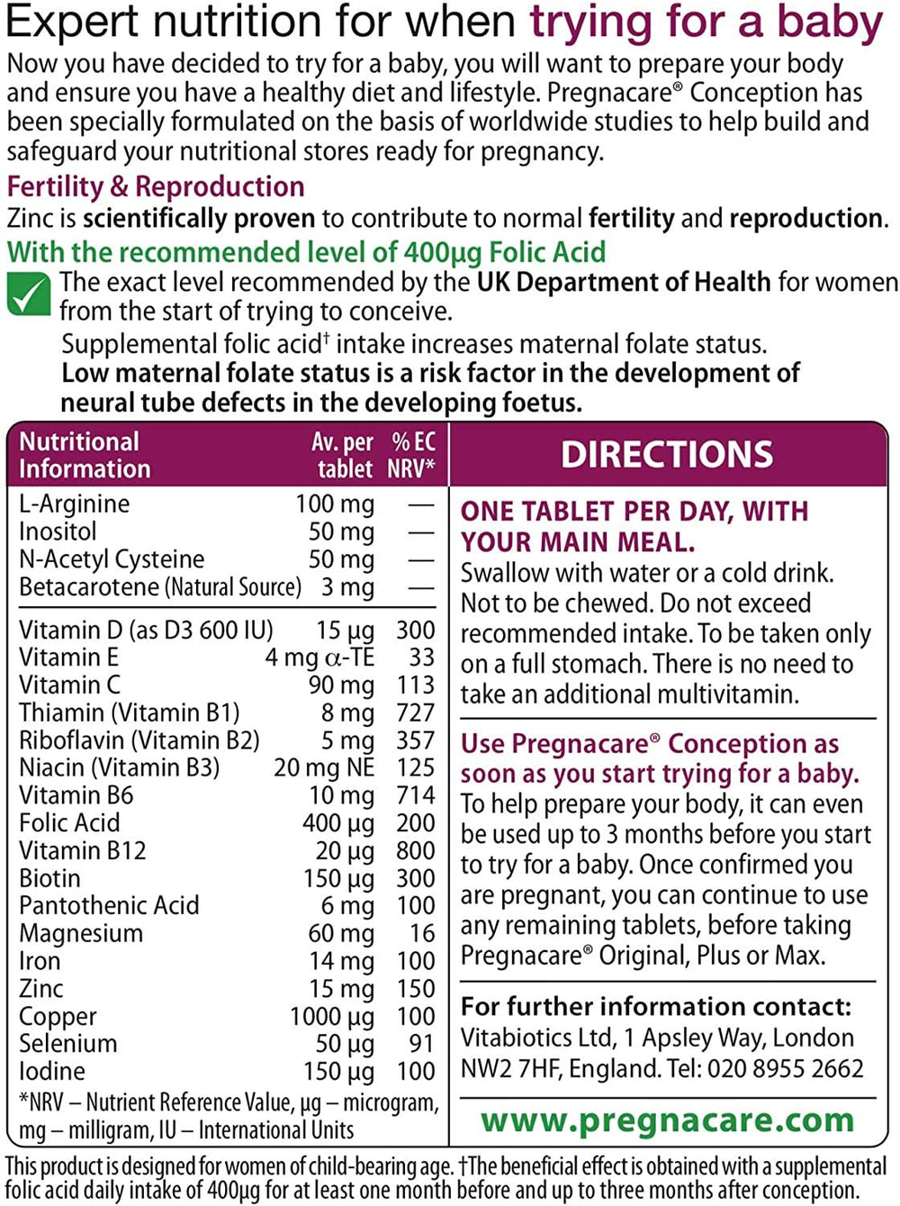 Pregnacare Conception tablets close-up showing micronutrients and texture