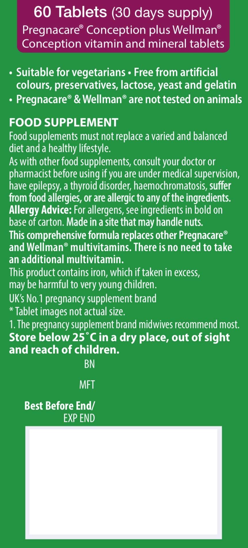 Close-up of Pregnacare Conception and Wellman Conception tablets showing texture and color.