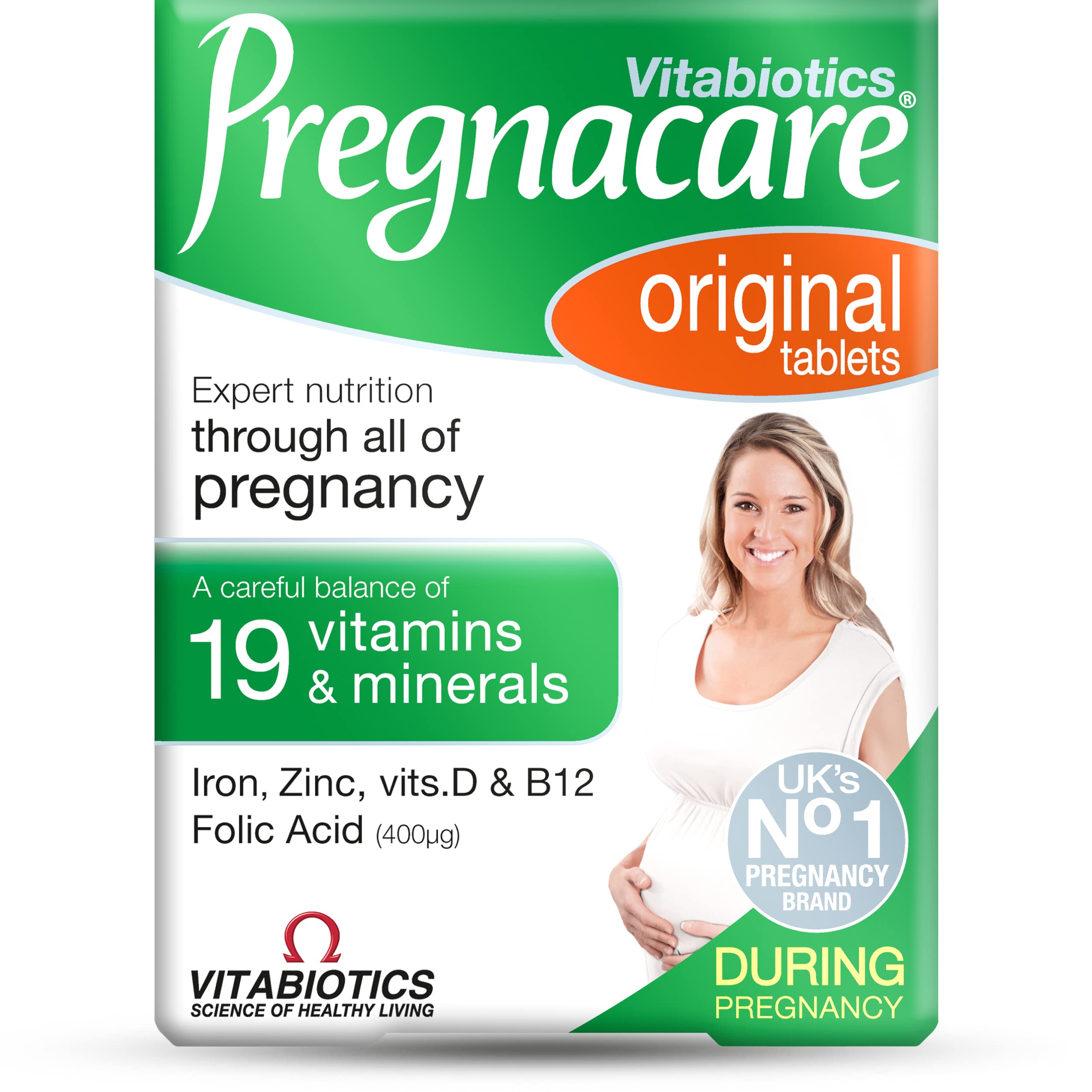 Pregnacare Original bottle front view, vegetarian prenatal supplement option.