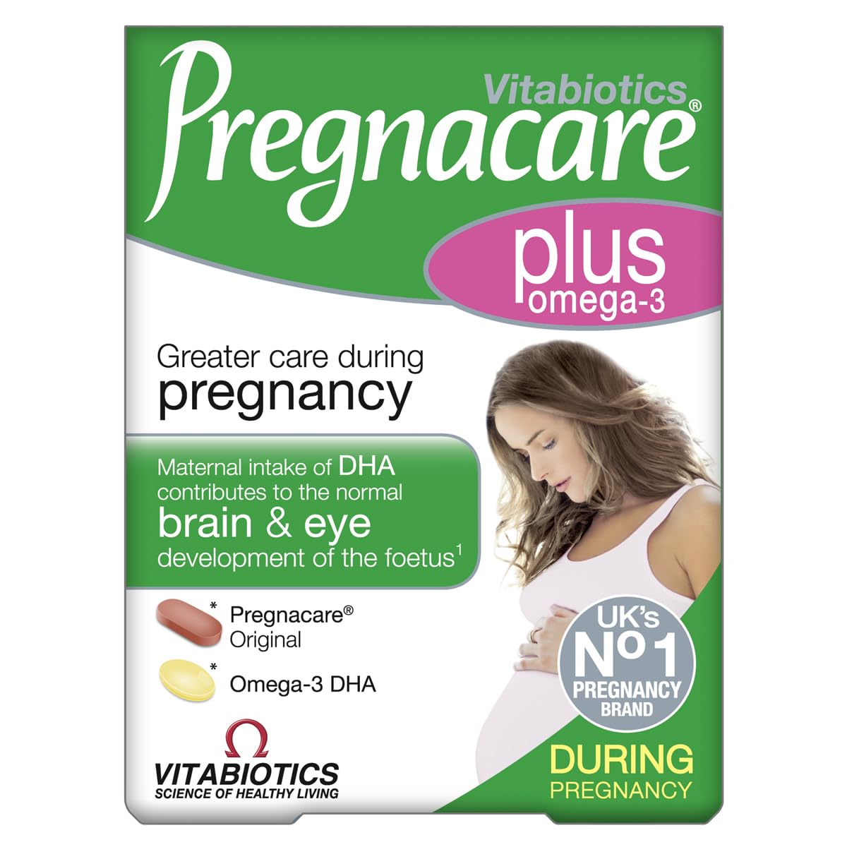 Pregnacare Plus bottle with omega-3 capsules for daily prenatal nutrition support.