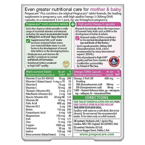 Pregnacare Plus packaging front shows vitamins and omega-3 capsules for easy daily support.