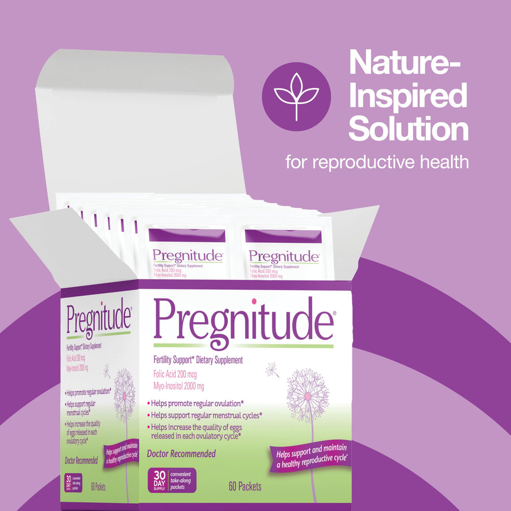 Pregnitude 60 packets in box highlight convenient, on-the-go fertility support.