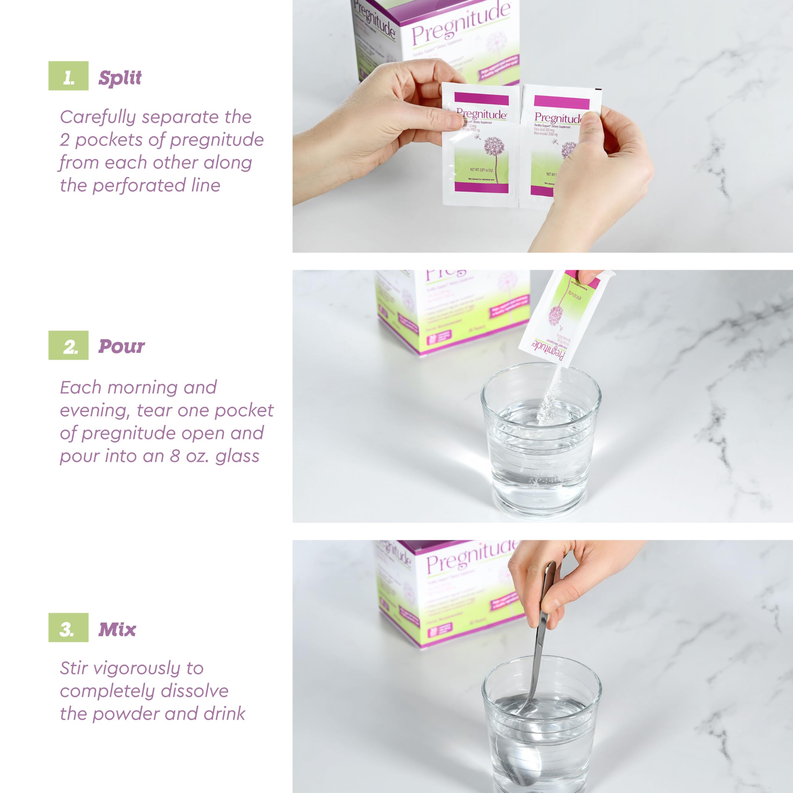 Pregnitude dissolves in water visualization emphasizes tasteless powder practicality.