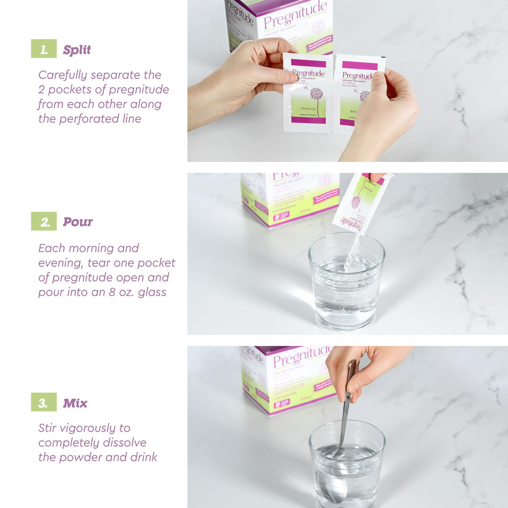 Pregnitude dissolves in water visualization emphasizes tasteless powder practicality.