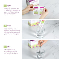 Pregnitude dissolves in water visualization emphasizes tasteless powder practicality.