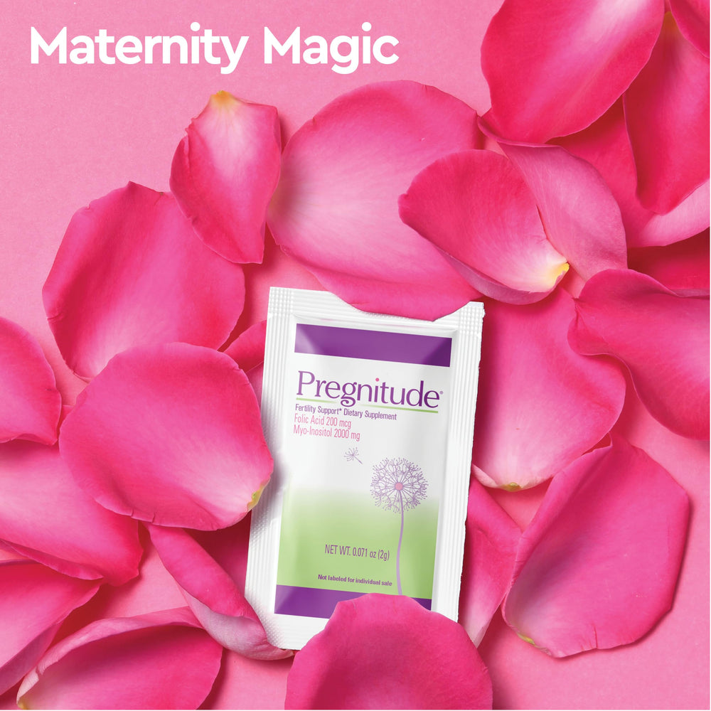 Pregnitude glass with powder in water demonstrates easy consumption ritual.