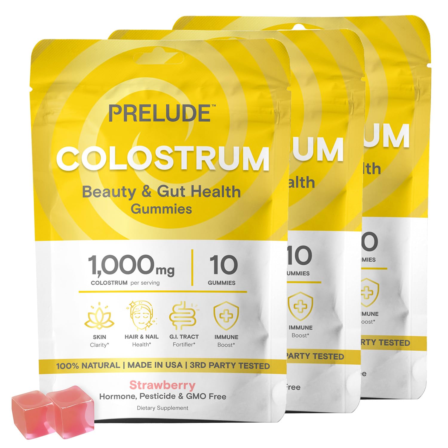 Prelude Bovine Colostrum Chews pack shot highlighting strawberry milkshake flavor for daily digestive comfort
