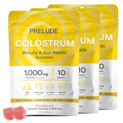 Prelude Bovine Colostrum Chews pack shot highlighting strawberry milkshake flavor for daily digestive comfort