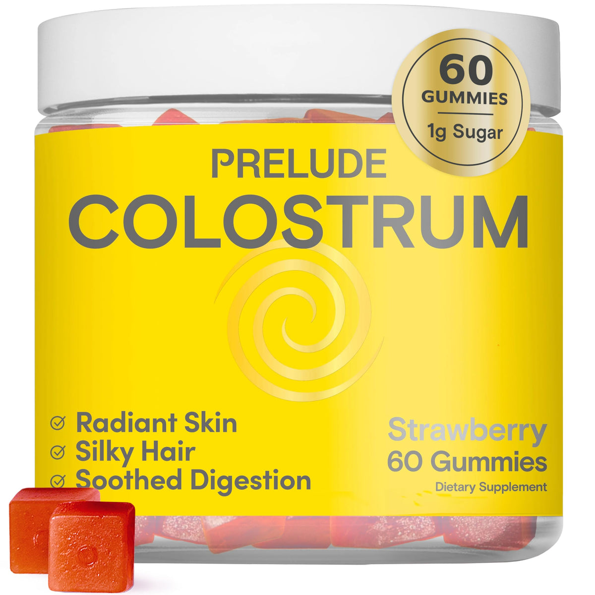 Prelude Bovine Colostrum Chews packaging highlights simple daily use