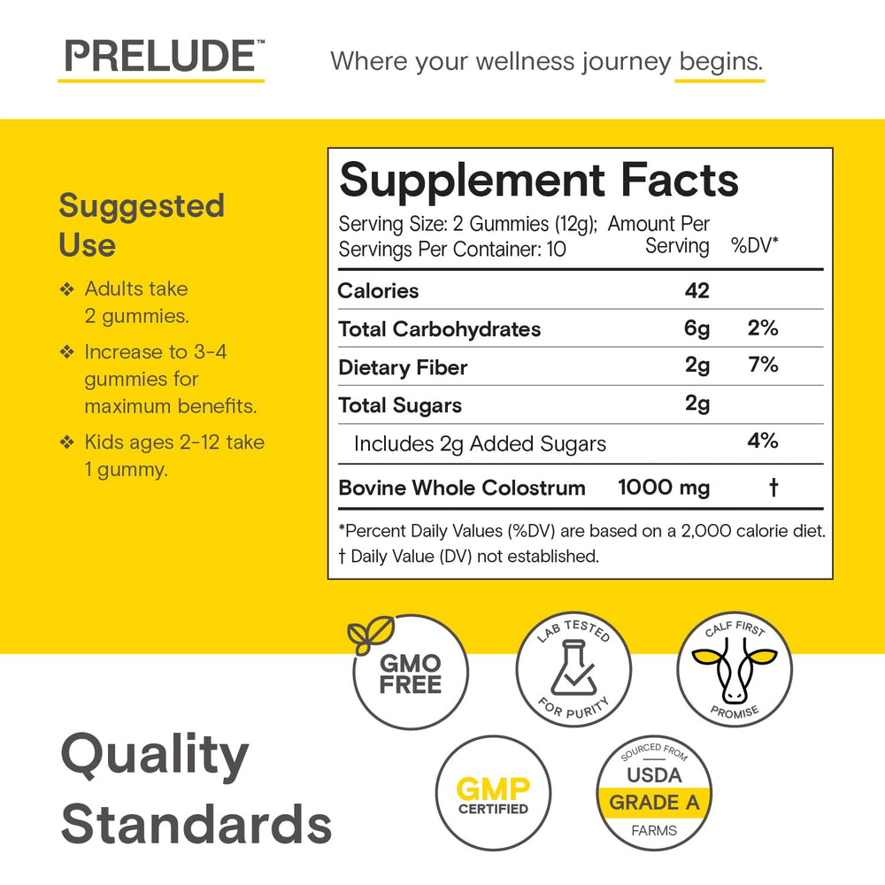 Prelude Bovine Colostrum Chews shelf display in a kitchen or pantry