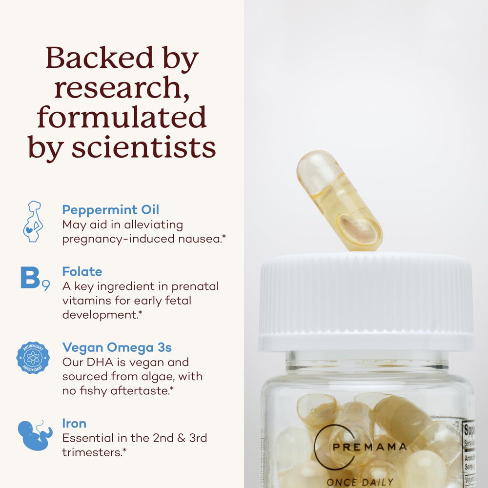 Premama easy-to-swallow capsules visible on blister pack for gentle daily use.