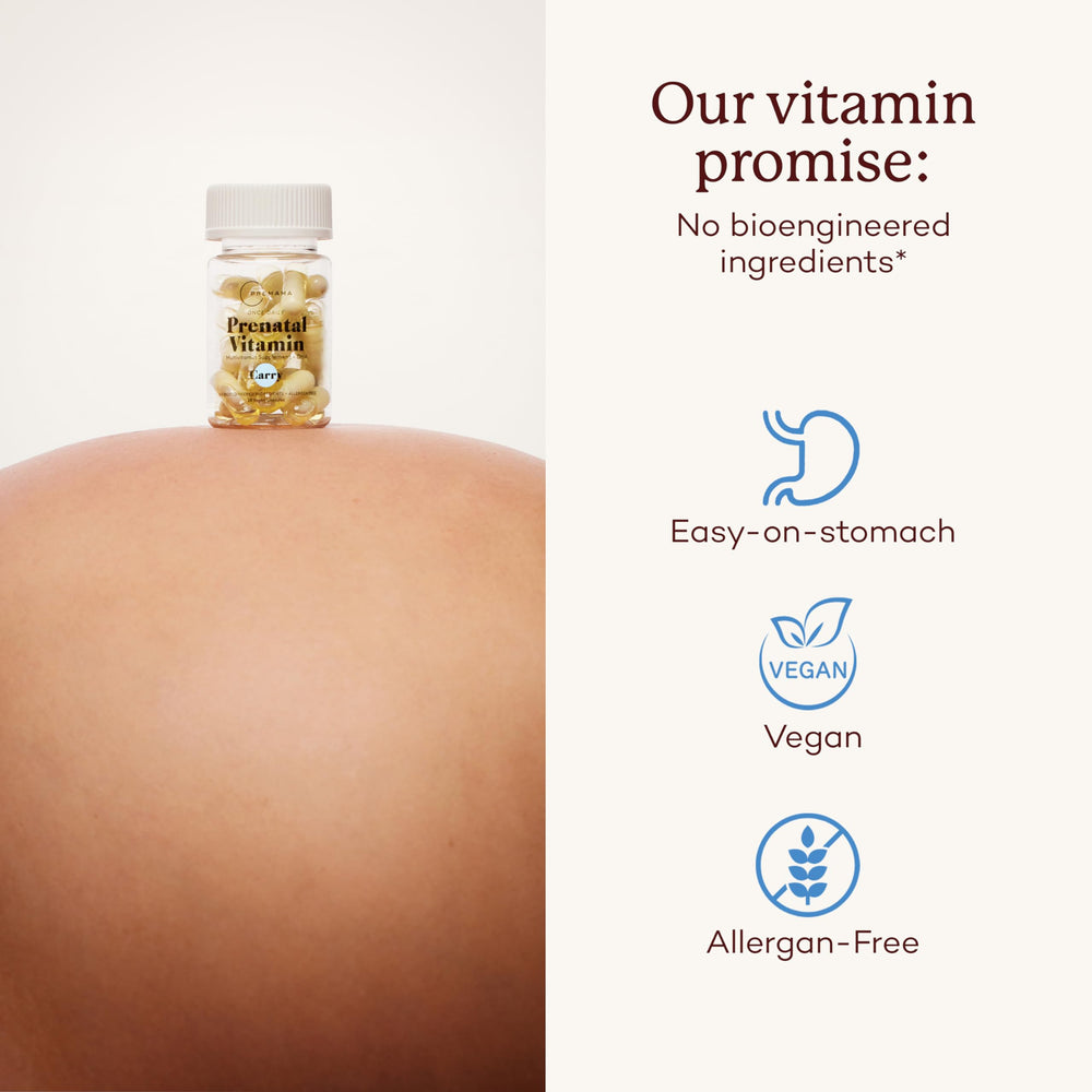 Premama vegan allergen-free gluten-free badge signaling allergy-conscious prenatal option.