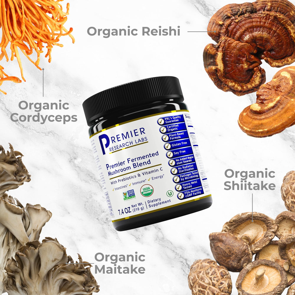 Premier Research Labs dry powder packaging for immune support and digestive wellness.