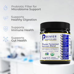 Premier Research Labs mushroom blend in cup ready to mix into beverages for daily wellness.