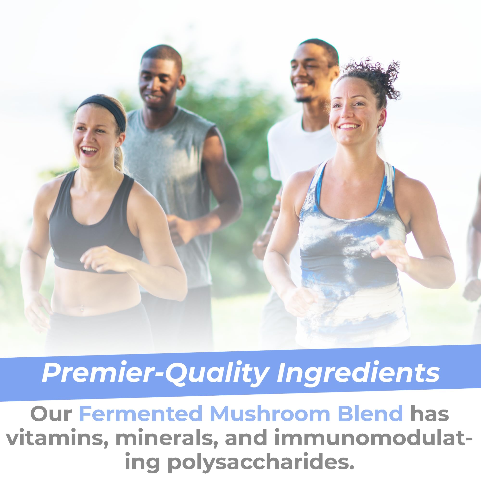 Premier Research Labs ingredient panel with reishi, turkey tail, cordyceps and vitamins for immune support.