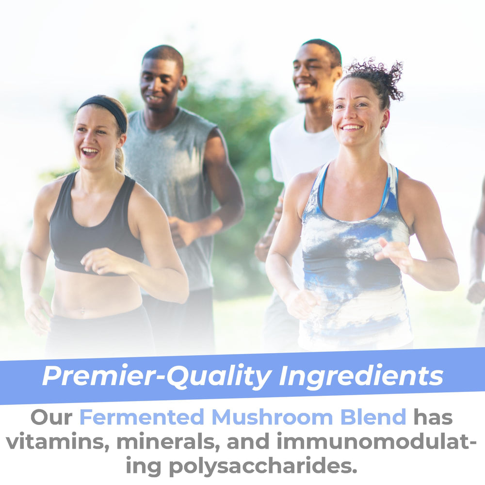 Premier Research Labs ingredient panel with reishi, turkey tail, cordyceps and vitamins for immune support.