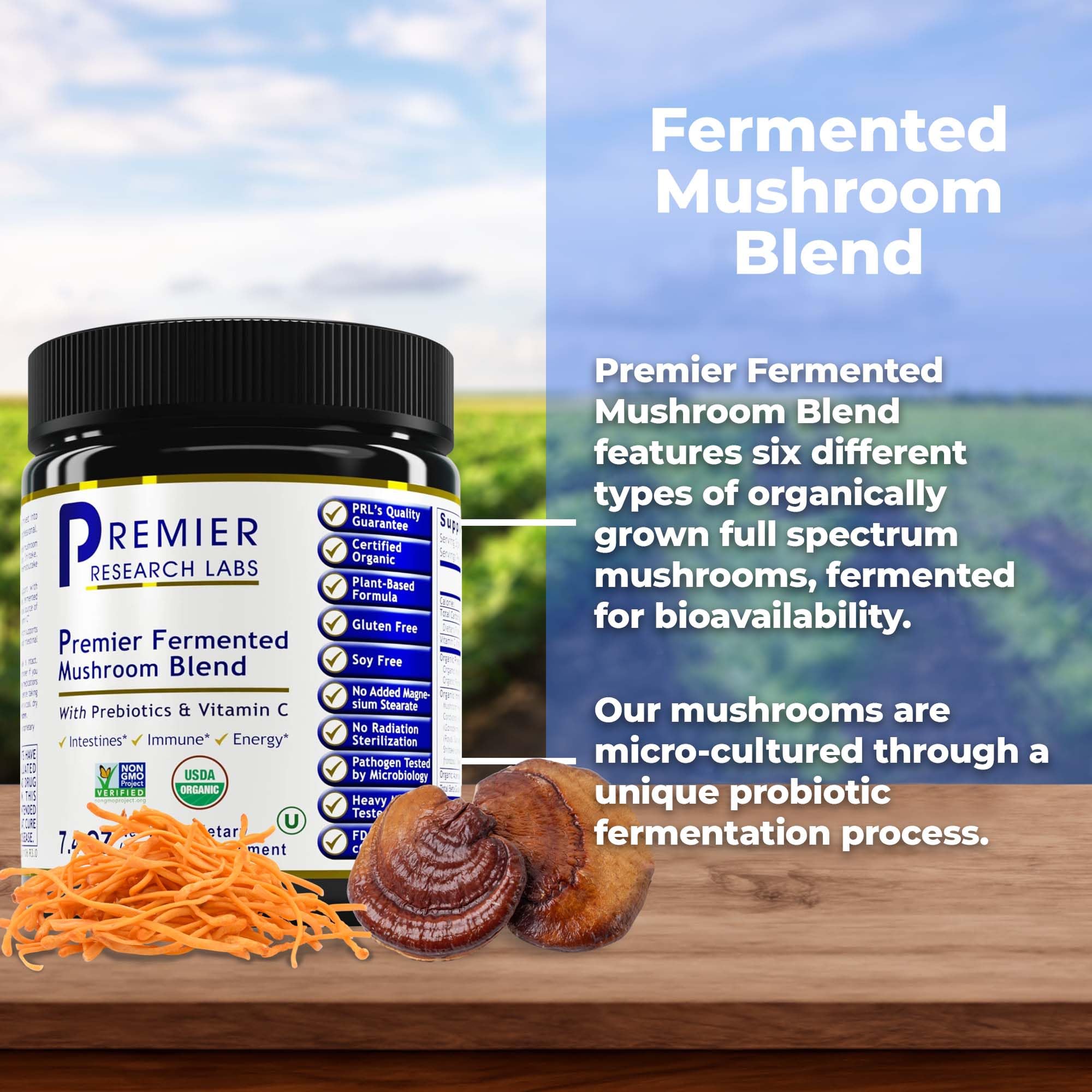 Premier Research Labs scoop beside powder for easy daily mix boosting gut health.