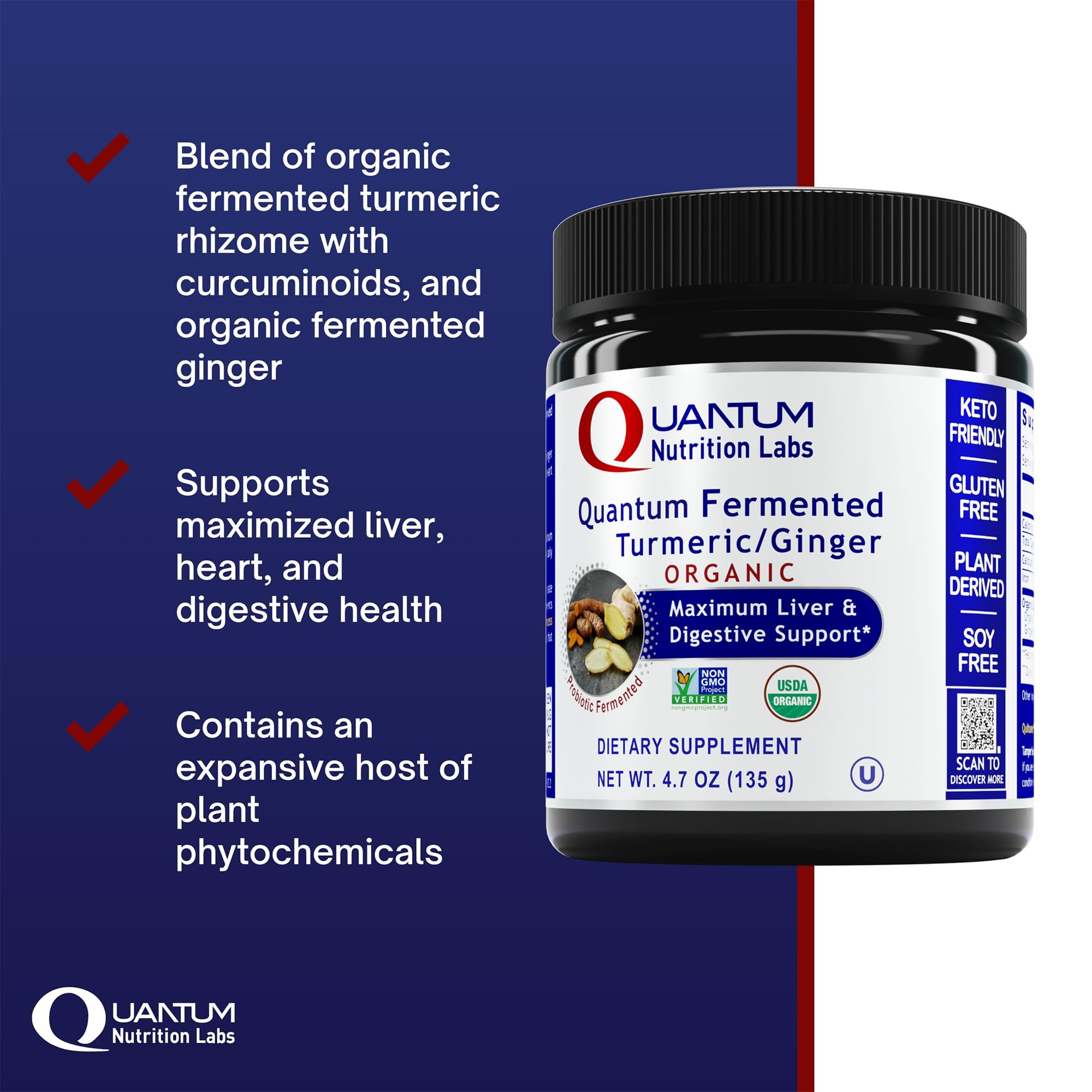 Premier Fermented Turmeric/Ginger powder close-up reveals vibrant hue and premium ingredients.