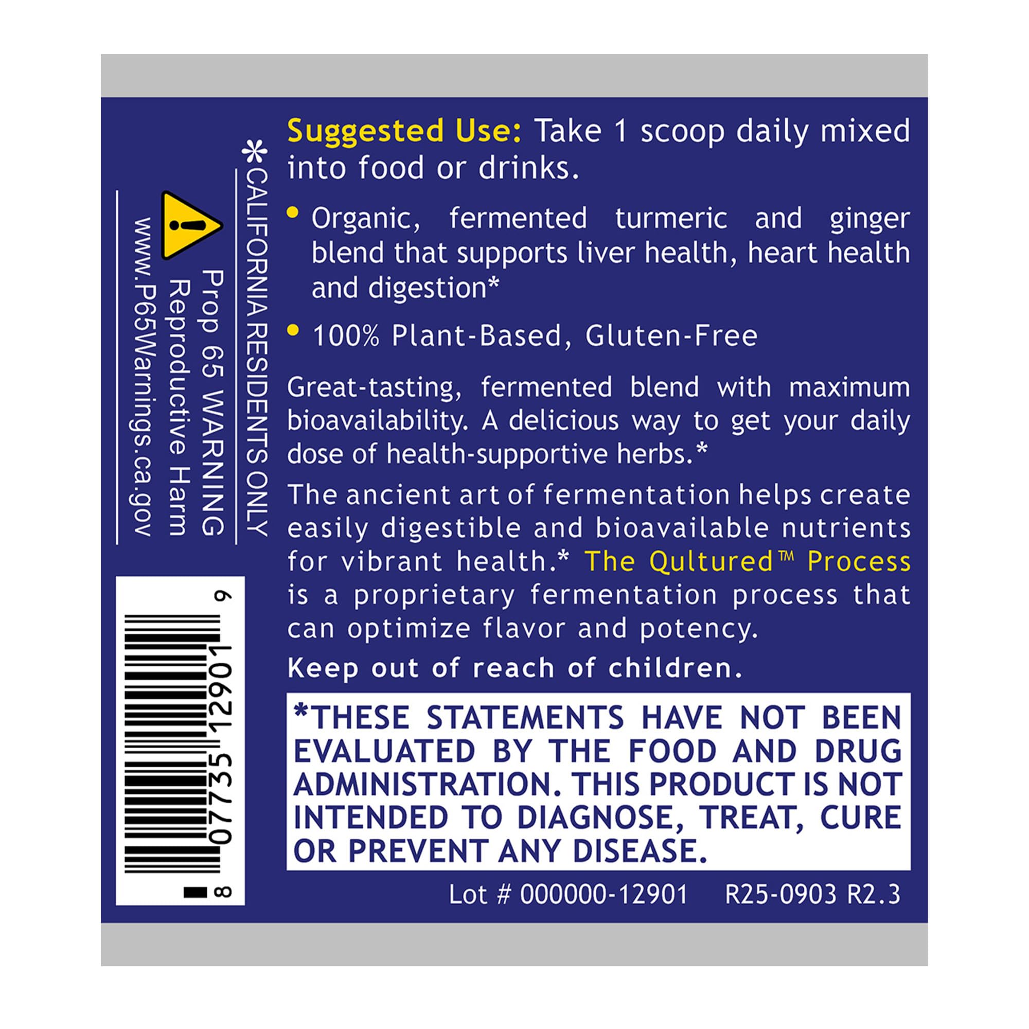 Premier Research Labs jar with scoop shows probiotic-fermented blend for daily vitality.