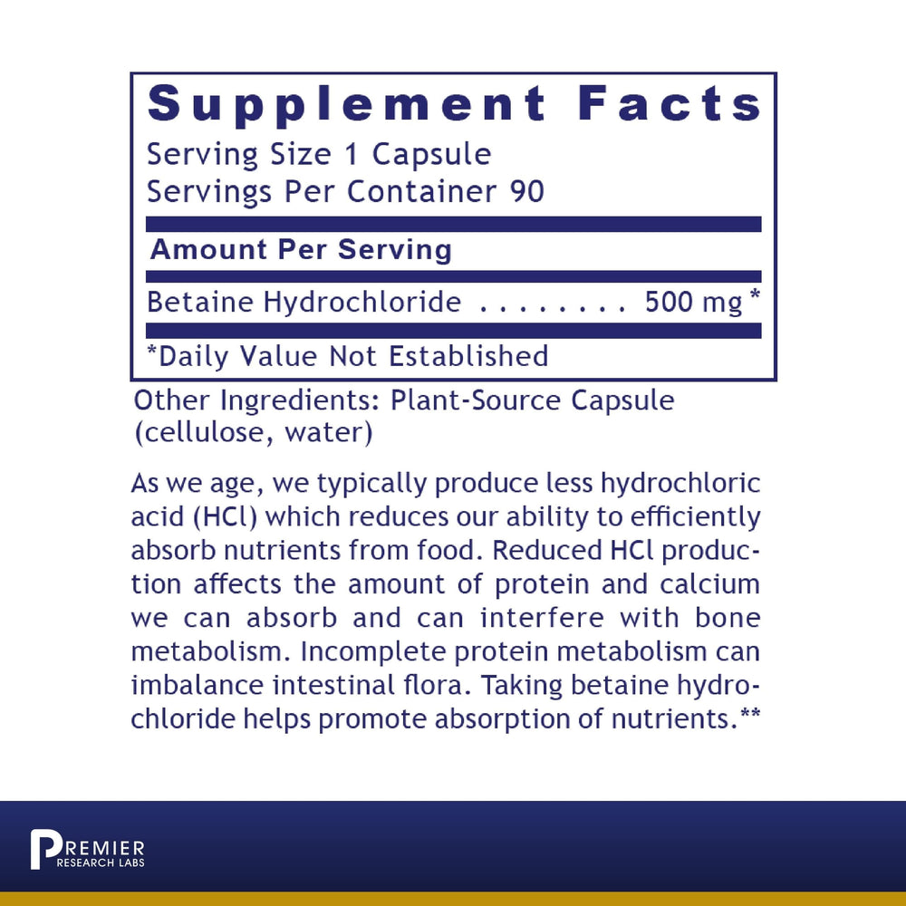 Premier Research Labs betaine HCL capsules for nutrient absorption