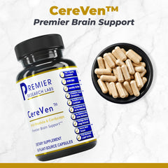 CereVen capsules inside show convenient, vegetarian brain support on the go.