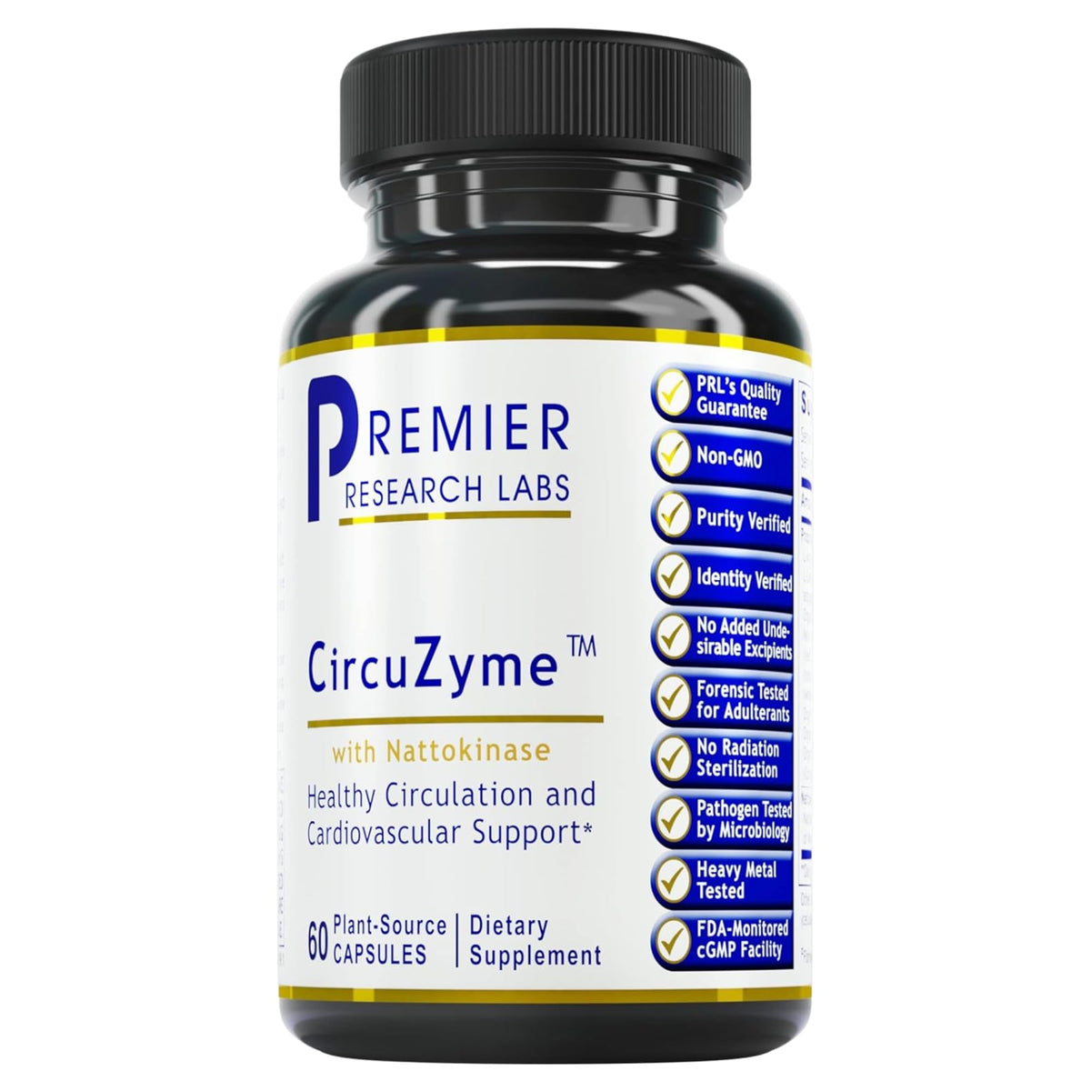 Premier Research Labs CircuZyme bottle front promotes everyday vascular support.