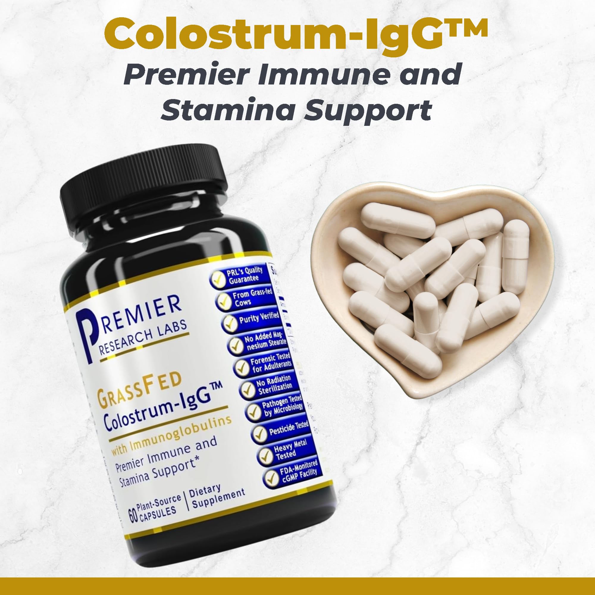 Premier Research Labs Colostrum IgG bottle on a clean desk for everyday wellness
