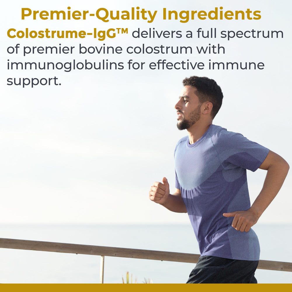 Close-up of Premier Research Labs Colostrum IgG label showing purity testing