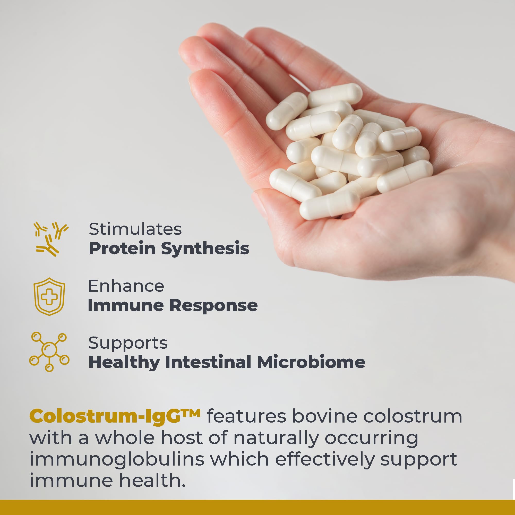 Capsules being poured from Premier Research Labs Colostrum IgG bottle