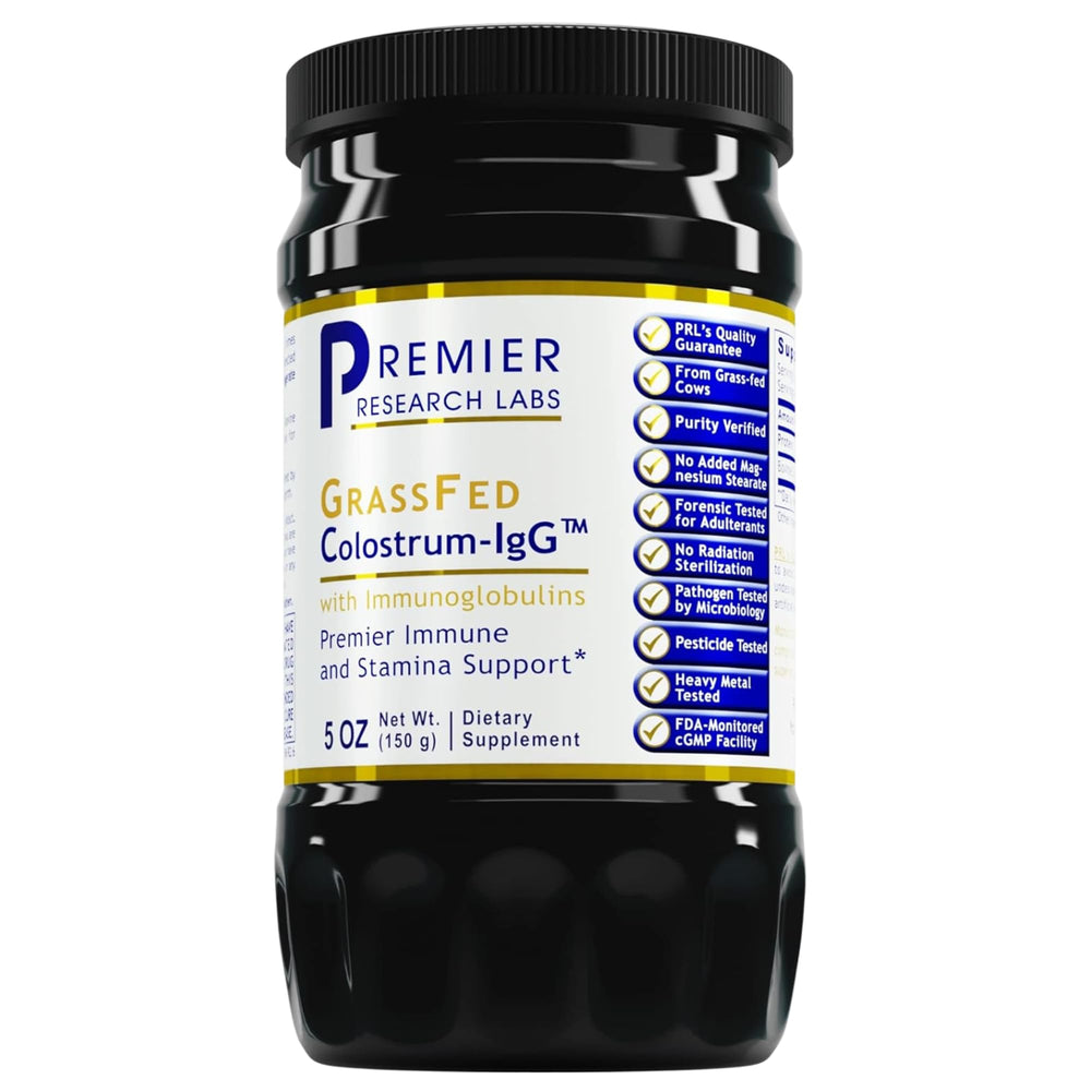 Premier Research Labs Colostrum-IgG powder bottle for convenient immune health support.
