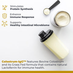 Premier Research Labs Colostrum-IgG powder in glass illustrating everyday consumption.