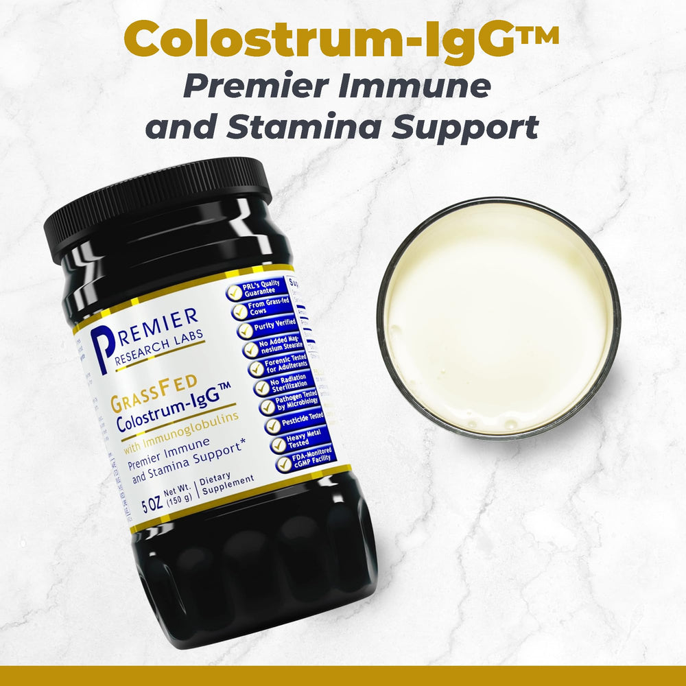 Premier Research Labs Colostrum-IgG powder scoop showing easy measurement for daily use.