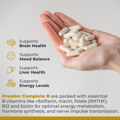 Complete B label detail featuring biotin and folate benefits.