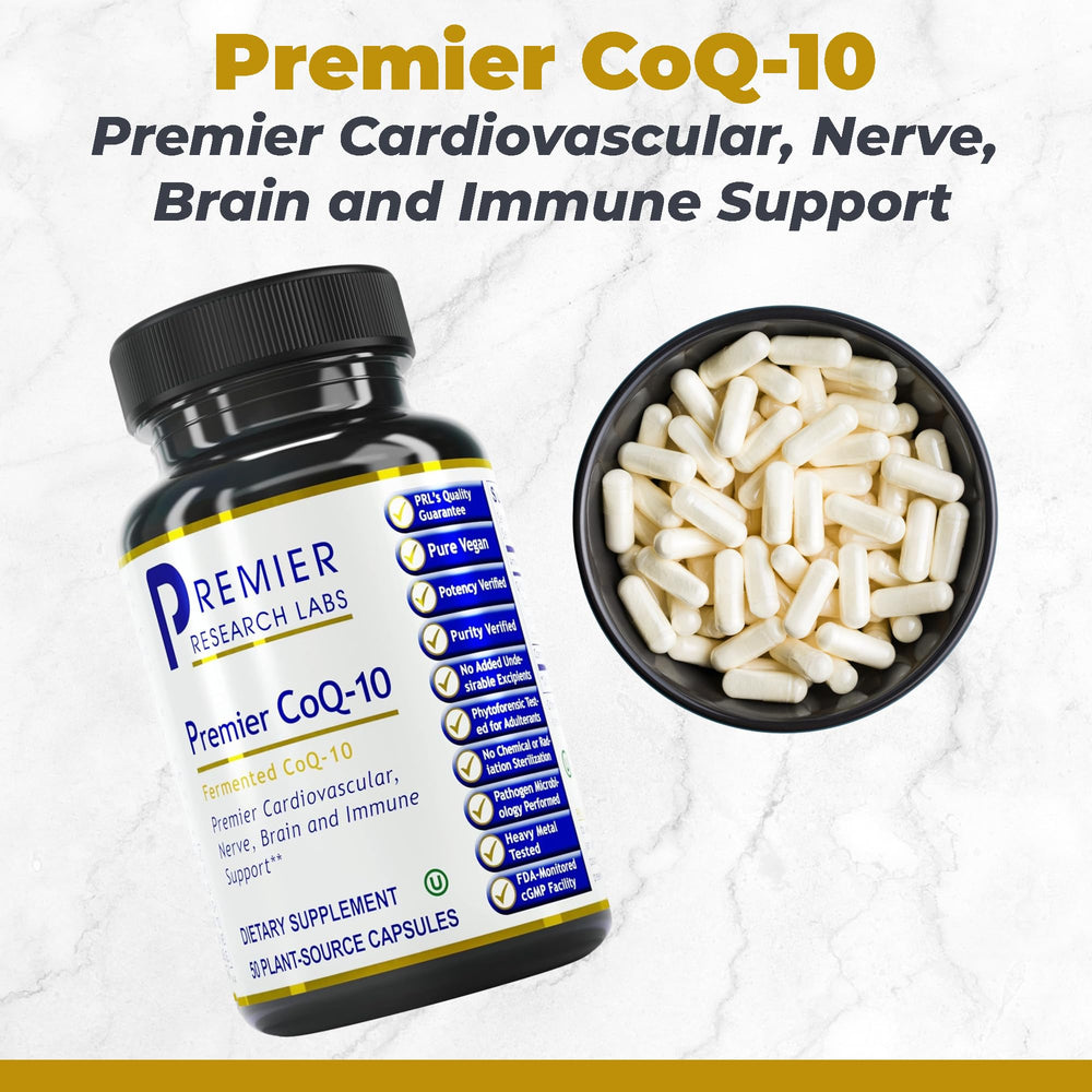 Premier Research Labs CoQ10 bottle pour demonstrating easy daily use with MCT oil