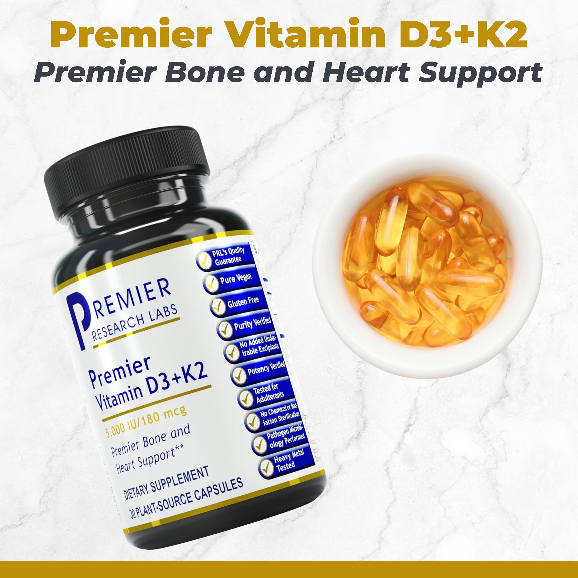 Premier Research Labs D3 + K2 capsules on white background for daily heart and bone health.