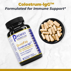 Premier Research Labs grass-fed colostrum igG capsules showcasing pure bovine source for gut-friendly nutrition