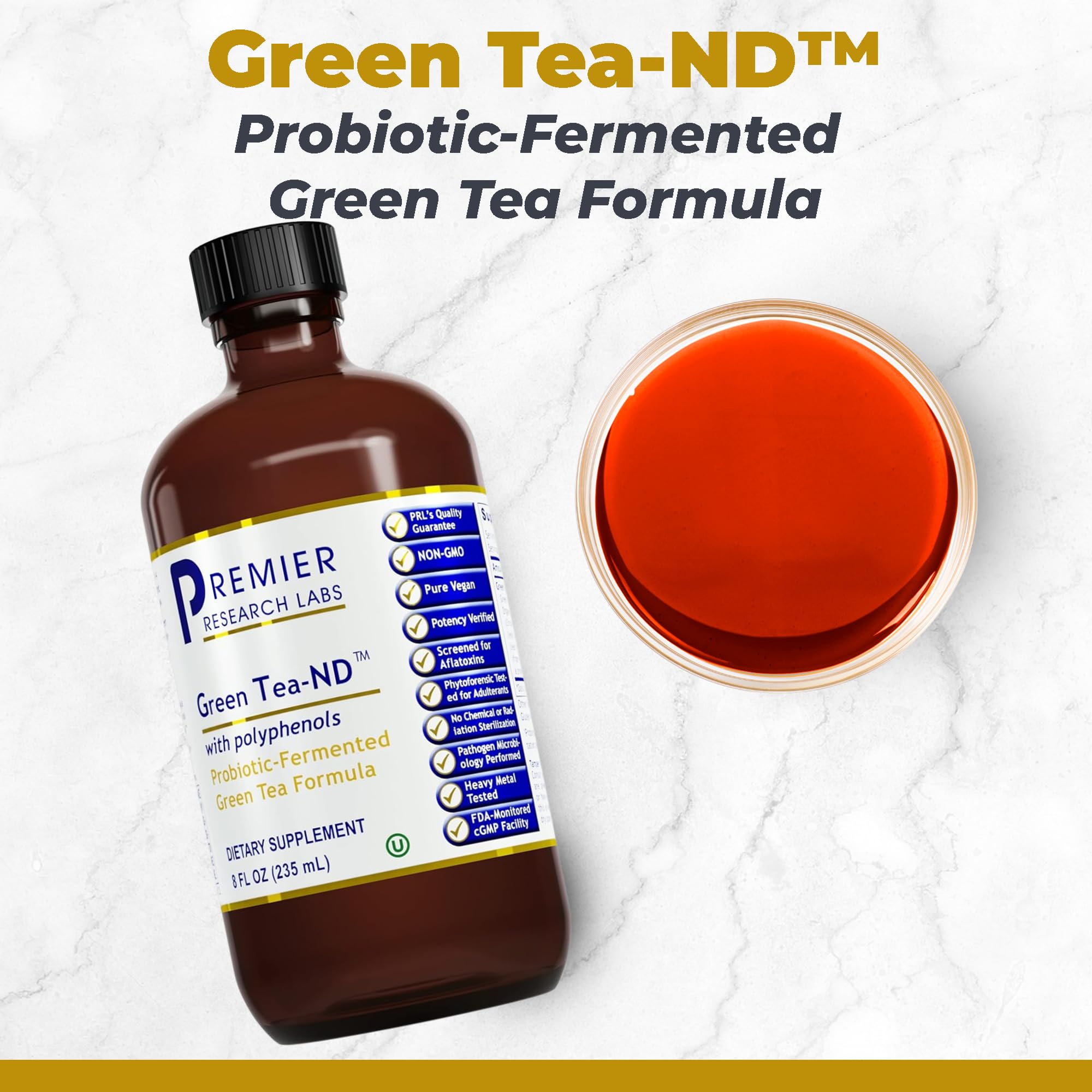 Premier Research Labs Green Tea-ND liquid dropper in use for probiotic delivery