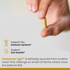 Premier Research Labs ethical sourcing label on colostrum capsules signals pasture-fed quality