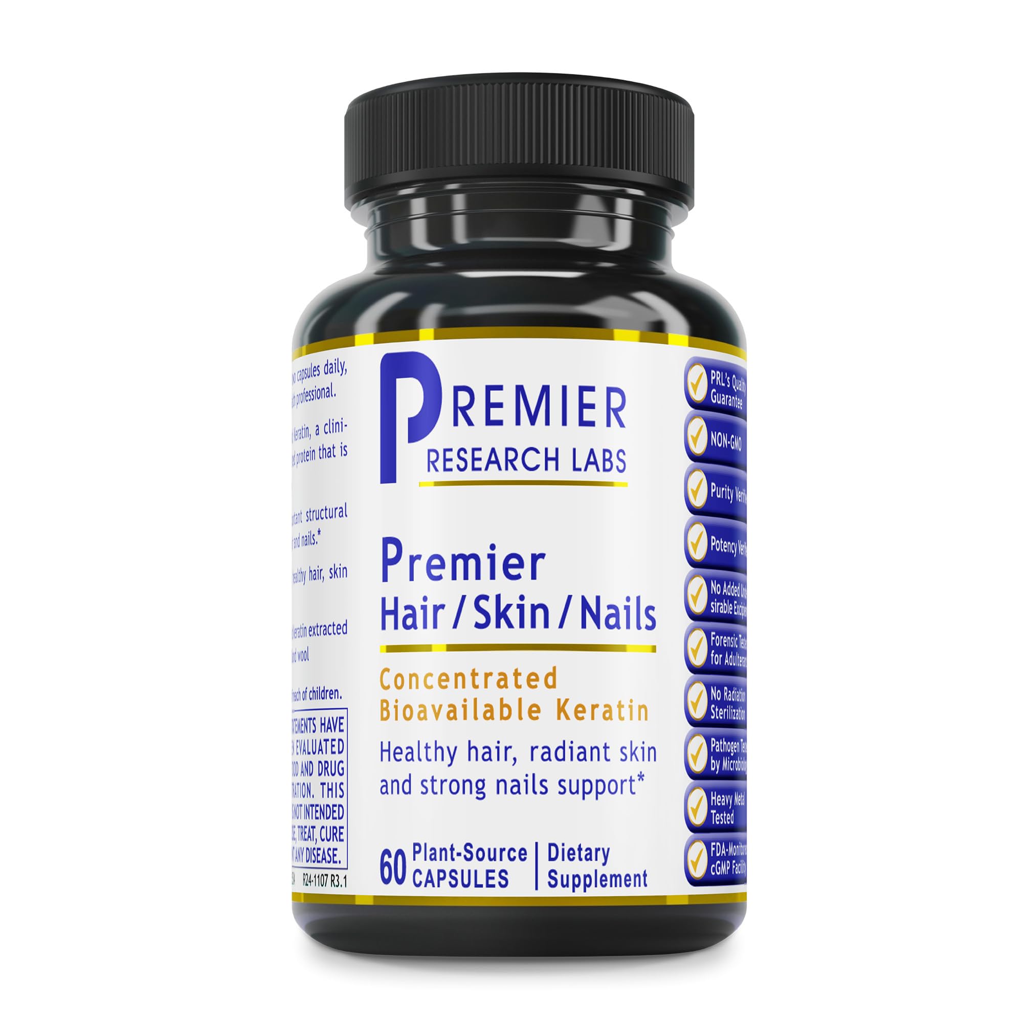 Premier Research Labs Keratin Hair/Skin/Nails bottle close-up for radiant hair and skin support.