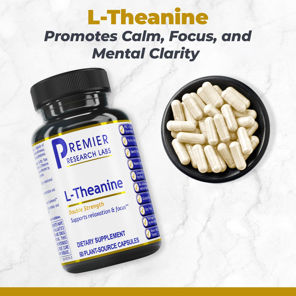 Premier Research Labs L-Theanine bottle on shelf highlights vegan formula