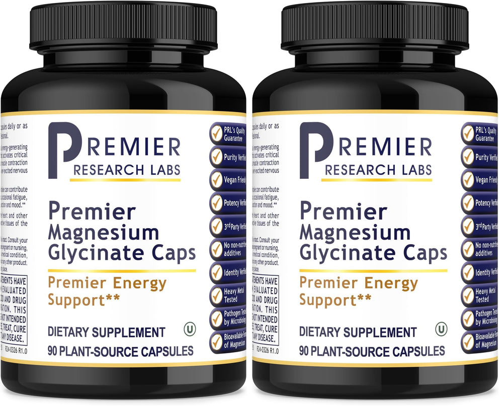Premier Research Labs Magnesium Glycinate bottle with capsules for gentle absorption and daily relaxation.