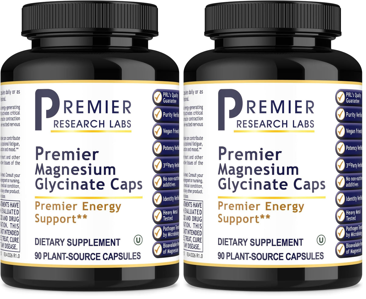 Premier Research Labs Magnesium Glycinate bottle with capsules for gentle absorption and daily relaxation.