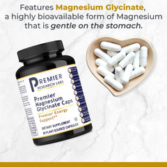 Premier Research Labs magnesium glycinate capsules highlight high bioavailability for better support.