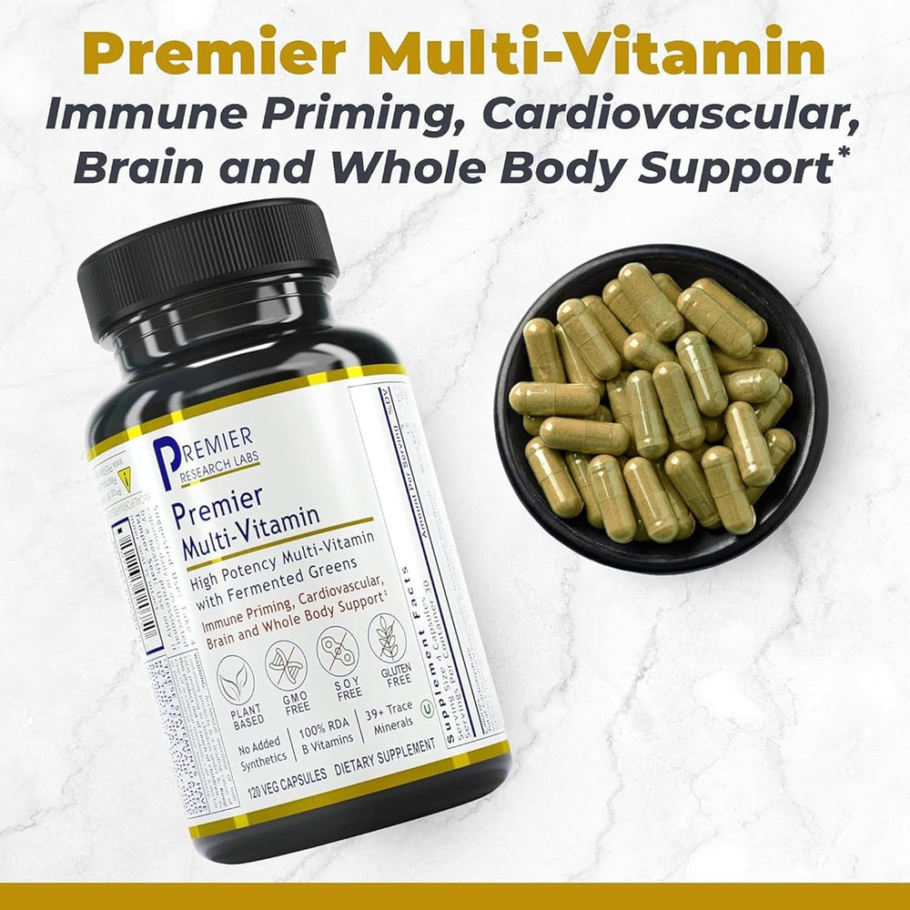 Premier Research Labs multi-vitamin bottle cap highlighting convenient vegan capsules