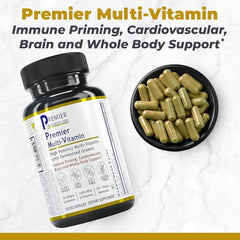 Premier Research Labs multi-vitamin bottle cap highlighting convenient vegan capsules
